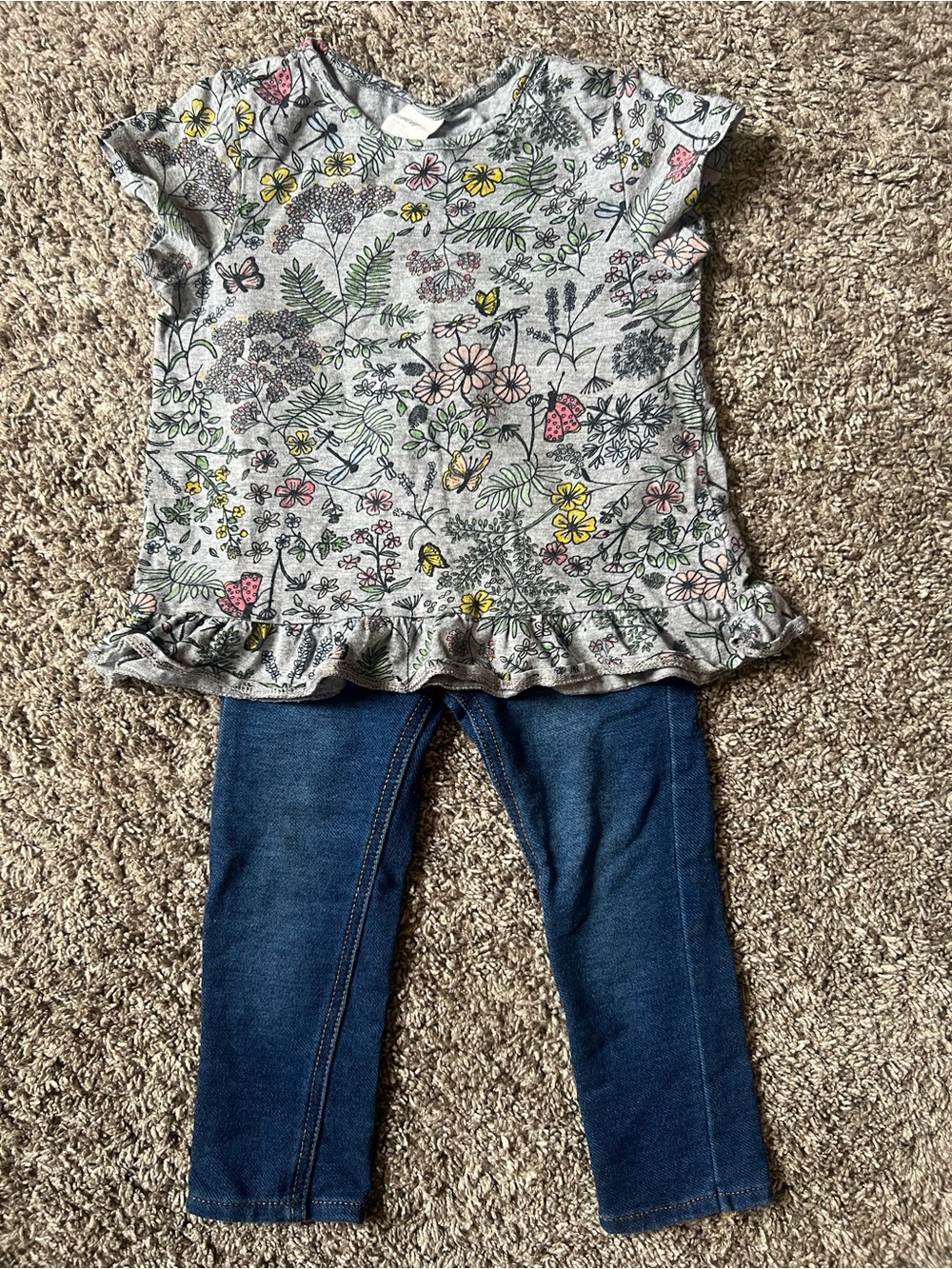 H&M Girls' Floral Ruffle Tee - Gray with Multicolor Print